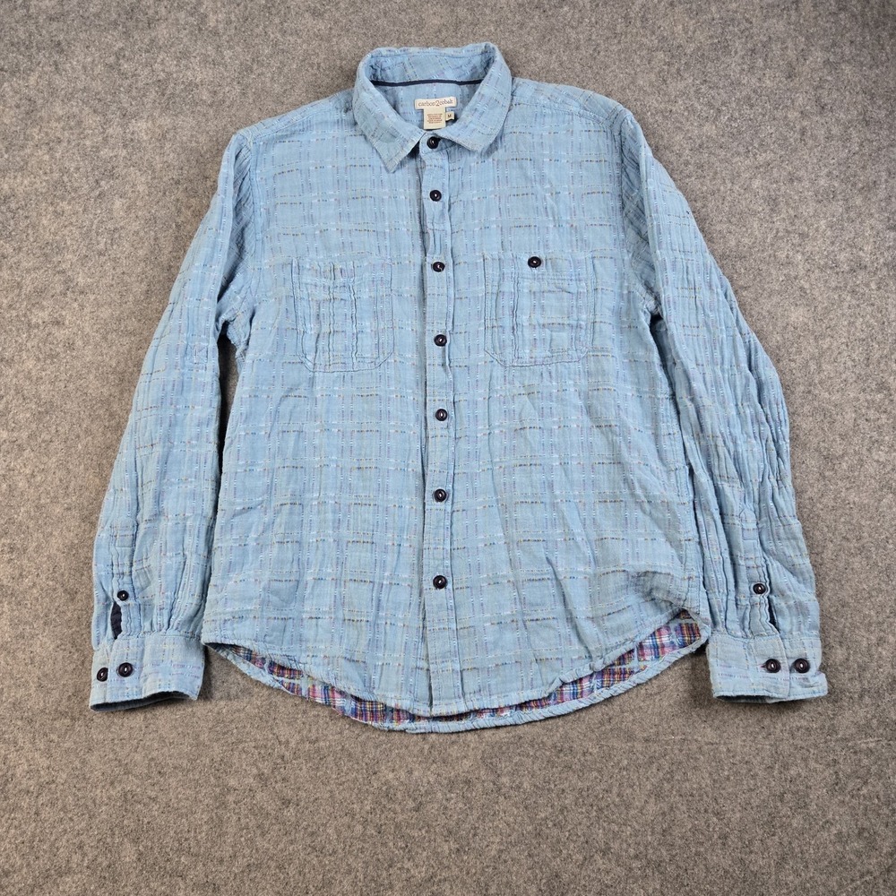 Carbon 2 Cobalt‎ Shirt Mens Medium Blue Button Up Patchwork Long Sleeve